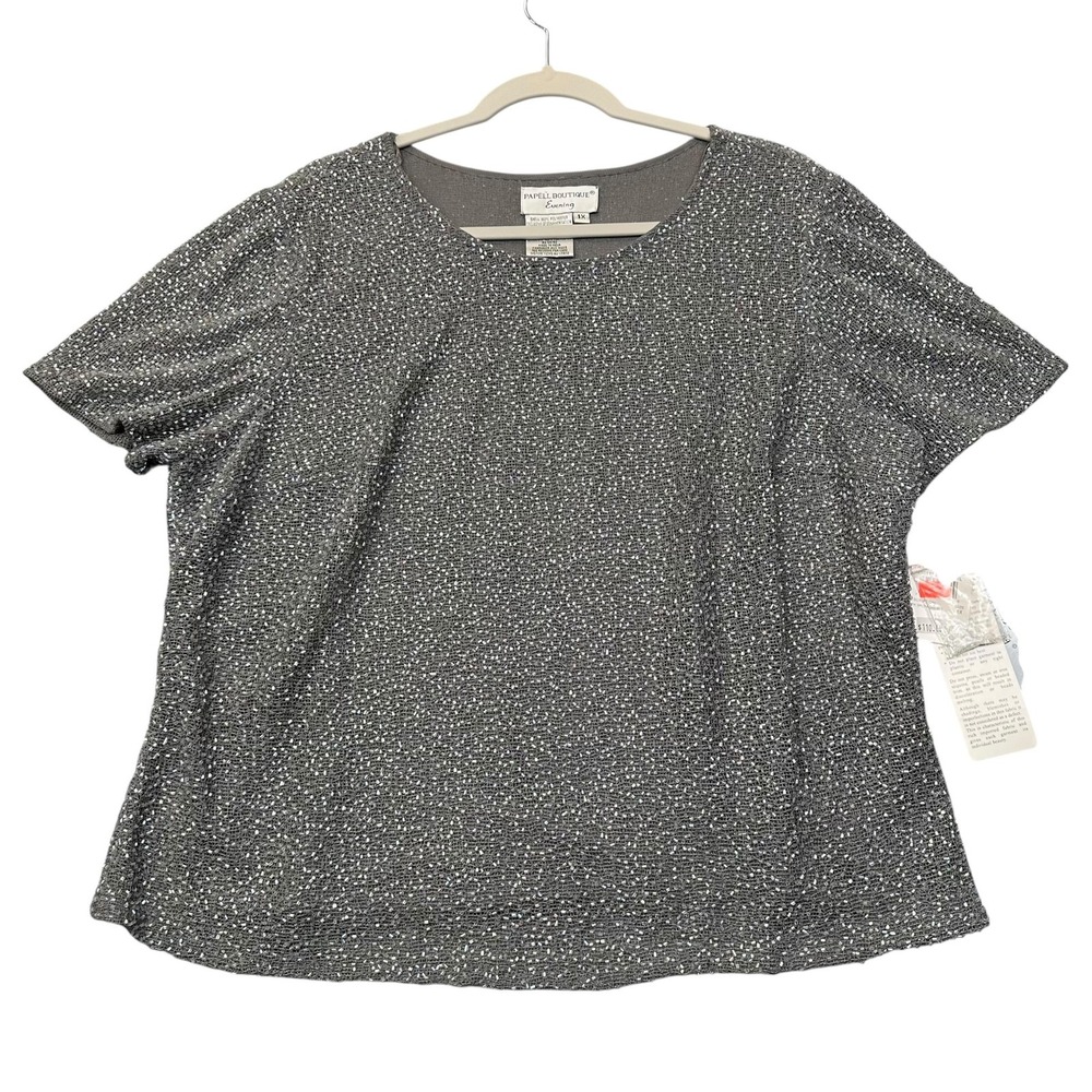 Papell Boutique Evening Shirt Womens 1Xโ Gray Beaded Sequin Party Top NWT Plus